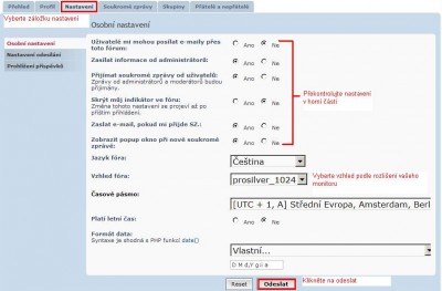 Záložka nastavení v uživatelském panelu - pro zvětšení klikni