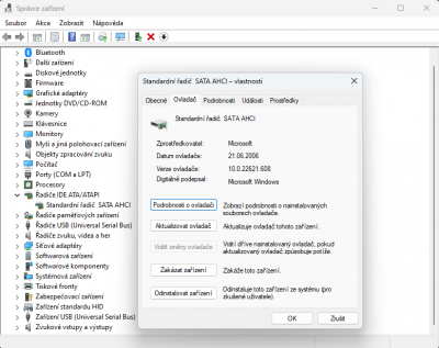 Verze ovladače SATA AHCI Microsoft